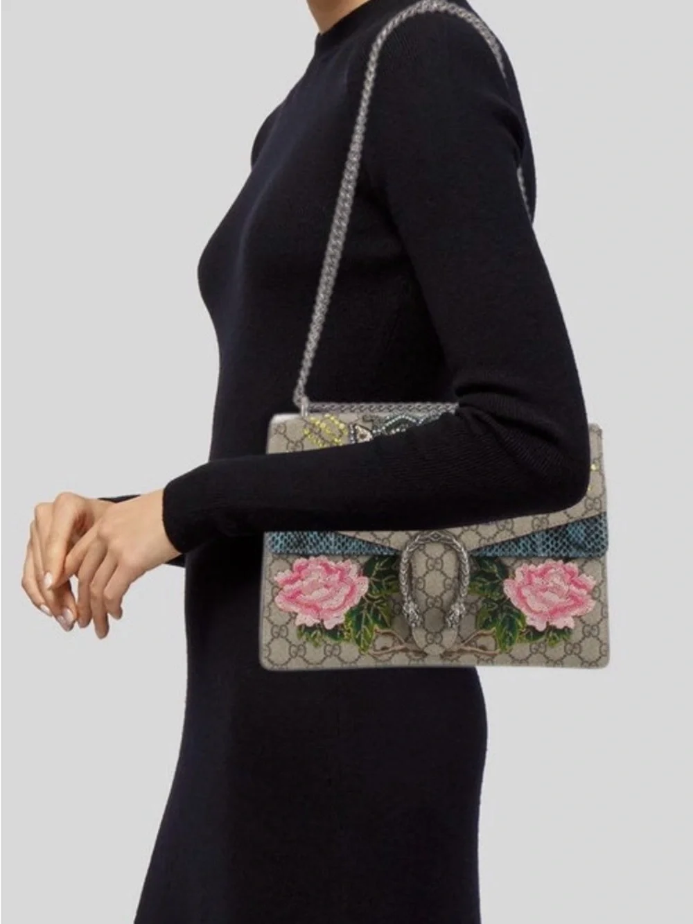 Gucci Dionysus Embellished GG Supreme Shoulder Bag in Beige